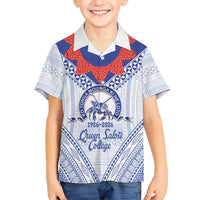 Queen Salote College 100 Years Personalized Family Matching Off The Shoulder Long Sleeve Dress and Hawaiian Shirt Tonga QSC Heilala Lei White Ngatu Pattern