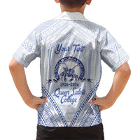 Queen Salote College 100 Years Personalized Family Matching Off Shoulder Short Dress and Hawaiian Shirt Tonga QSC Heilala Lei White Ngatu Pattern