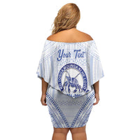 Queen Salote College 100 Years Personalized Family Matching Off Shoulder Short Dress and Hawaiian Shirt Tonga QSC Heilala Lei White Ngatu Pattern