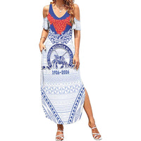 Queen Salote College 100 Years Personalized Family Matching Summer Maxi Dress and Hawaiian Shirt Tonga QSC Heilala Lei White Ngatu Pattern LT14 Mom's Dress White - Polynesian Pride