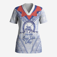 Queen Salote College 100 Years Personalized Scrub Top Tonga QSC Heilala Lei White Ngatu Pattern