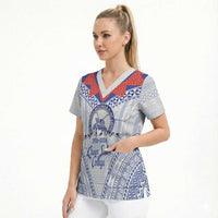 Queen Salote College 100 Years Personalized Scrub Top Tonga QSC Heilala Lei White Ngatu Pattern