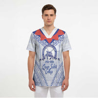 Queen Salote College 100 Years Personalized Scrub Top Tonga QSC Heilala Lei White Ngatu Pattern