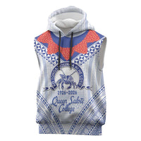 Queen Salote College 100 Years Personalized Sleeveless Hoodie Tonga QSC Heilala Lei White Ngatu Pattern