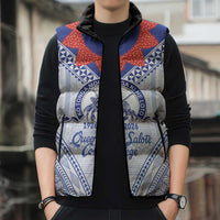 Queen Salote College 100 Years Personalized Sleeveless Puffer Jacket Tonga QSC Heilala Lei White Ngatu Pattern
