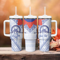 Queen Salote College 100 Years Personalized Tumbler With Handle Tonga QSC Heilala Lei White Ngatu Pattern