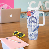 Queen Salote College 100 Years Personalized Tumbler With Handle Tonga QSC Heilala Lei White Ngatu Pattern