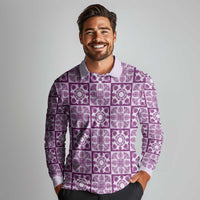 Poni Palaka Quilt Hawaii Long Sleeve Polo Shirt Hawaiian Tropical Monstera Sea Turtle