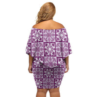 Poni Palaka Quilt Hawaii Off Shoulder Short Dress Hawaiian Tropical Monstera Sea Turtle