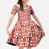 Ulaula Palaka Quilt Hawaii Family Matching Off Shoulder Short Dress and Hawaiian Shirt Hawaiian Tropical Monstera Sea Turtle LT14 Daughter's Dress Red - Polynesian Pride