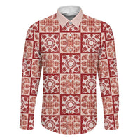 Ulaula Palaka Quilt Hawaii Family Matching Off Shoulder Short Dress and Hawaiian Shirt Hawaiian Tropical Monstera Sea Turtle LT14 Dad's Shirt - Long Sleeve Red - Polynesian Pride