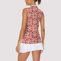 Ulaula Palaka Quilt Hawaii Women Sleeveless Polo Shirt Hawaiian Tropical Monstera Sea Turtle