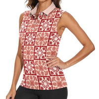 Ulaula Palaka Quilt Hawaii Women Sleeveless Polo Shirt Hawaiian Tropical Monstera Sea Turtle