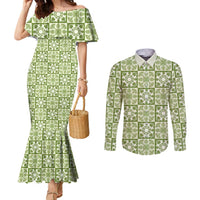 Omaomao Palaka Quilt Hawaii Couples Matching Mermaid Dress and Long Sleeve Button Shirt Hawaiian Tropical Monstera Sea Turtle