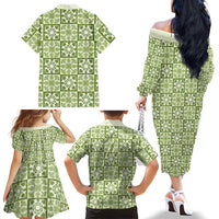 Omaomao Palaka Quilt Hawaii Family Matching Off The Shoulder Long Sleeve Dress and Hawaiian Shirt Hawaiian Tropical Monstera Sea Turtle