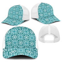 Cyan Palaka Quilt Hawaii Baseball Net Cap Hawaiian Tropical Monstera Sea Turtle LT14 - Polynesian Pride