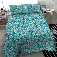 Cyan Palaka Quilt Hawaii Bedding Set Hawaiian Tropical Monstera Sea Turtle