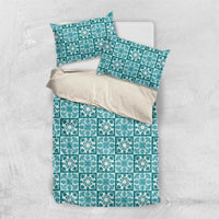 Cyan Palaka Quilt Hawaii Bedding Set Hawaiian Tropical Monstera Sea Turtle