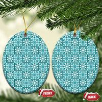 Cyan Palaka Quilt Hawaii Ceramic Ornament Hawaiian Tropical Monstera Sea Turtle