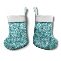 Cyan Palaka Quilt Hawaii Christmas Stocking Hawaiian Tropical Monstera Sea Turtle
