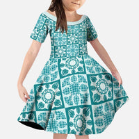 Cyan Palaka Quilt Hawaii Family Matching Long Sleeve Bodycon Dress and Hawaiian Shirt Hawaiian Tropical Monstera Sea Turtle