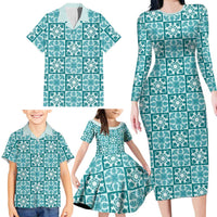 Cyan Palaka Quilt Hawaii Family Matching Long Sleeve Bodycon Dress and Hawaiian Shirt Hawaiian Tropical Monstera Sea Turtle