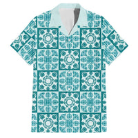 Cyan Palaka Quilt Hawaii Family Matching Long Sleeve Bodycon Dress and Hawaiian Shirt Hawaiian Tropical Monstera Sea Turtle