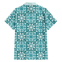 Cyan Palaka Quilt Hawaii Family Matching Off The Shoulder Long Sleeve Dress and Hawaiian Shirt Hawaiian Tropical Monstera Sea Turtle