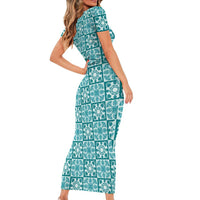 Cyan Palaka Quilt Hawaii Family Matching Short Sleeve Bodycon Dress and Hawaiian Shirt Hawaiian Tropical Monstera Sea Turtle