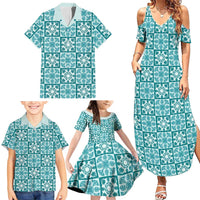 Cyan Palaka Quilt Hawaii Family Matching Summer Maxi Dress and Hawaiian Shirt Hawaiian Tropical Monstera Sea Turtle