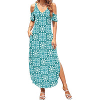 Cyan Palaka Quilt Hawaii Family Matching Summer Maxi Dress and Hawaiian Shirt Hawaiian Tropical Monstera Sea Turtle