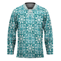 Cyan Palaka Quilt Hawaii Hockey Jersey Hawaiian Tropical Monstera Sea Turtle