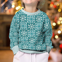 Cyan Palaka Quilt Hawaii Kid Ugly Christmas Sweater Hawaiian Tropical Monstera Sea Turtle