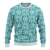 Cyan Palaka Quilt Hawaii Ugly Christmas Sweater Hawaiian Tropical Monstera Sea Turtle