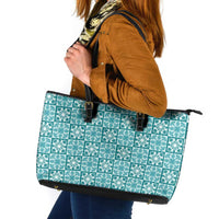 Cyan Palaka Quilt Hawaii Leather Tote Bag Hawaiian Tropical Monstera Sea Turtle LT14 Cyan - Polynesian Pride