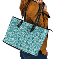 Cyan Palaka Quilt Hawaii Leather Tote Bag Hawaiian Tropical Monstera Sea Turtle LT14 - Polynesian Pride