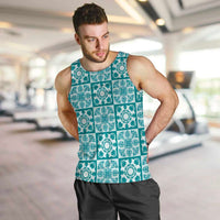Cyan Palaka Quilt Hawaii Men Tank Top Hawaiian Tropical Monstera Sea Turtle LT14 Cyan - Polynesian Pride