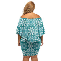 Cyan Palaka Quilt Hawaii Off Shoulder Short Dress Hawaiian Tropical Monstera Sea Turtle