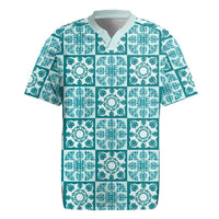 Cyan Palaka Quilt Hawaii Rugby Jersey Hawaiian Tropical Monstera Sea Turtle