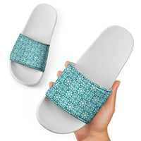 Cyan Palaka Quilt Hawaii Slide Sandals Hawaiian Tropical Monstera Sea Turtle LT14 - Polynesian Pride