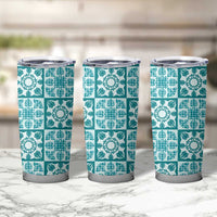 Cyan Palaka Quilt Hawaii Tumbler Cup Hawaiian Tropical Monstera Sea Turtle LT14 - Polynesian Pride