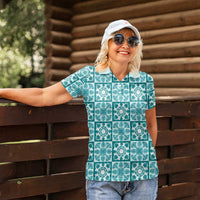 Cyan Palaka Quilt Hawaii Women Polo Shirt Hawaiian Tropical Monstera Sea Turtle