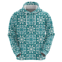 Cyan Palaka Quilt Hawaii Zip Hoodie Hawaiian Tropical Monstera Sea Turtle LT14 - Polynesian Pride