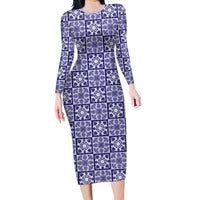 Polu Palaka Quilt Hawaii Long Sleeve Bodycon Dress Hawaiian Tropical Monstera Sea Turtle