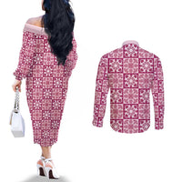 Akala Palaka Quilt Hawaii Couples Matching Off The Shoulder Long Sleeve Dress and Long Sleeve Button Shirt Hawaiian Tropical Monstera Sea Turtle