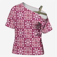 Akala Palaka Quilt Hawaii Cross Shoulder Shirt Hawaiian Tropical Monstera Sea Turtle LT14 Female Pink - Polynesian Pride