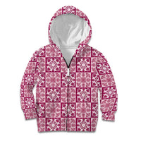 Akala Palaka Quilt Hawaii Kid Hoodie Hawaiian Tropical Monstera Sea Turtle LT14 Zip Hoodie Pink - Polynesian Pride