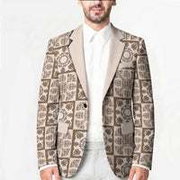 Beige Palaka Quilt Hawaii Blazer Hawaiian Tropical Monstera Sea Turtle