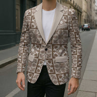 Beige Palaka Quilt Hawaii Blazer Hawaiian Tropical Monstera Sea Turtle