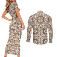 Beige Palaka Quilt Hawaii Couples Matching Short Sleeve Bodycon Dress and Long Sleeve Button Shirt Hawaiian Tropical Monstera Sea Turtle